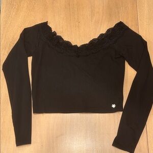 Off shoulder stretchy Black Lace-Trim Long Sleeve Women's Top